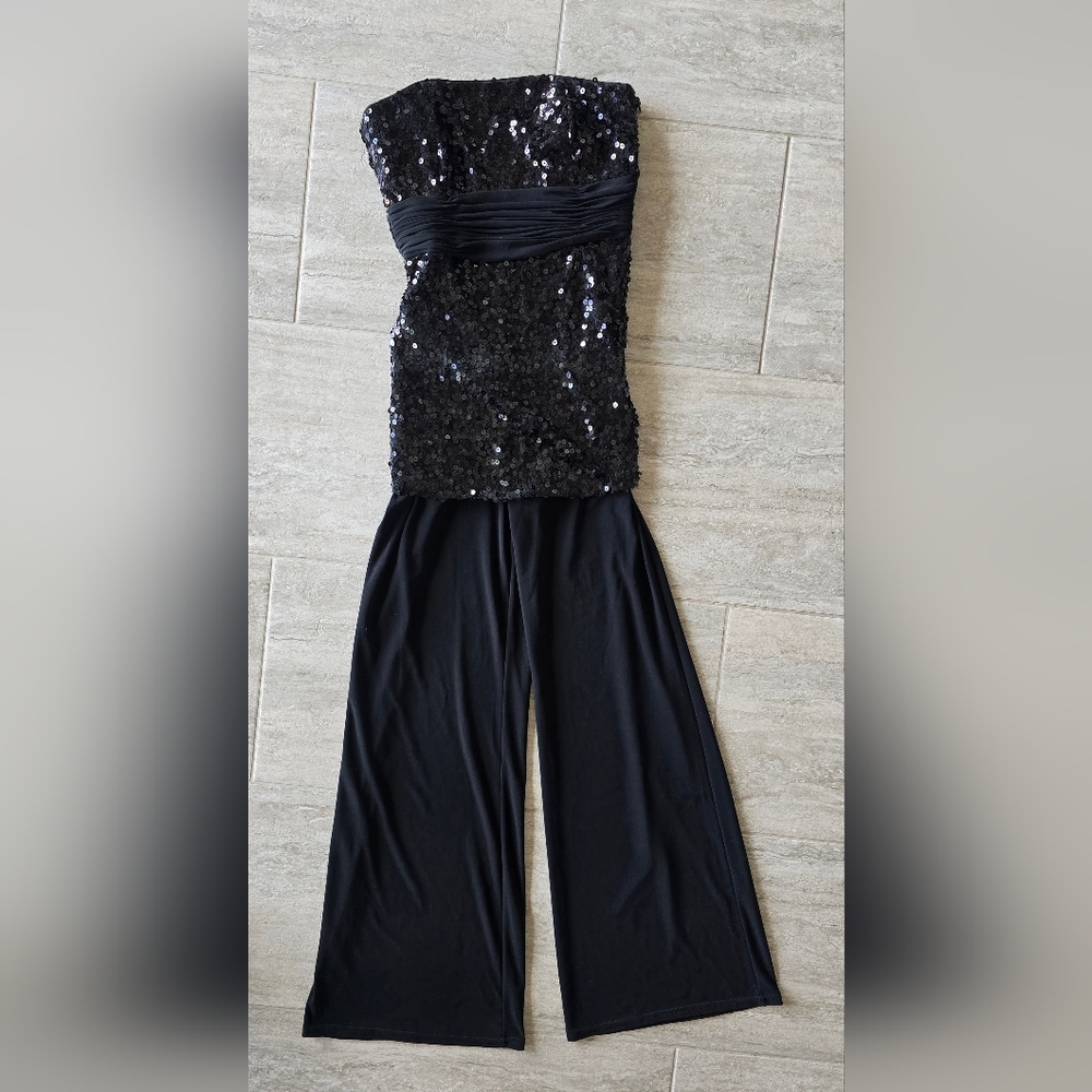 WHBM Elegant Black Sequin Jumpsuit With Wide Leg Size 0 - Picture 2 of 9
